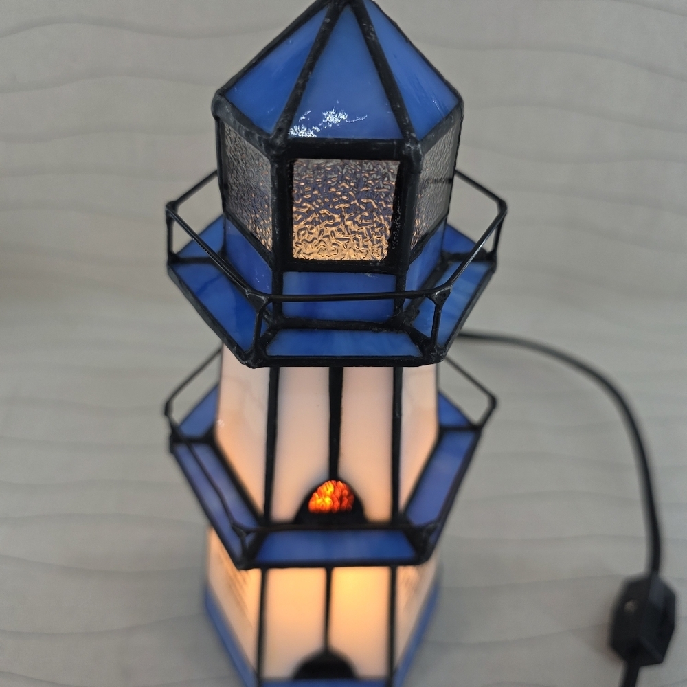 Tiffany Style Stained Glass Nautical Lighthouse Electrical Lamp with Bible Verse - Picture 4 of 11